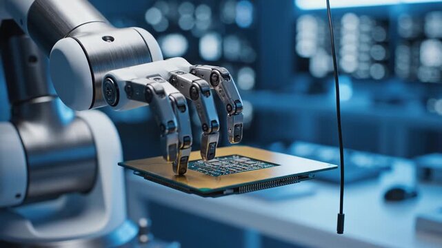 Closeup of a futuristic robotic arm precisely placing a microprocessor chip onto a circuit board in a laboratory