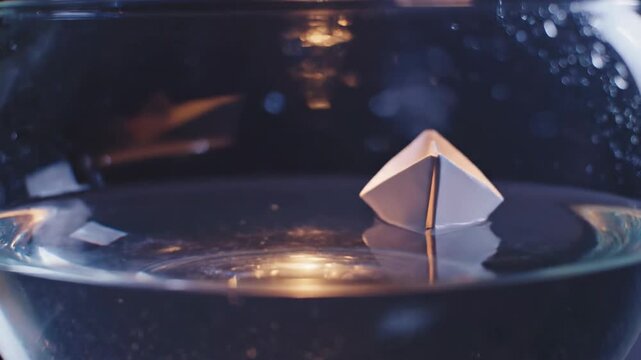 A delicate white paper boat floats on rippled dark water, soft reflections glow nearby. In dim light