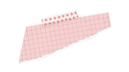 Pink plaid ripped note paper with stars pattern sticky tape for your message on transparent background