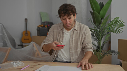 Hispanic man photographing document with smartphone in a newly furnished home, surrounded by boxes, guitar, and plants, conveying a sense of modern multitasking in a cozy setting.