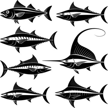 Set of stylized black-and-white shark illustrations showing various swimming poses, dynamic silhouettes, and detailed marine predator designs.
