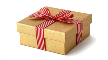 Obraz premium Golden gift box with red striped ribbon isolated on white background, perfect for celebration or holiday designs