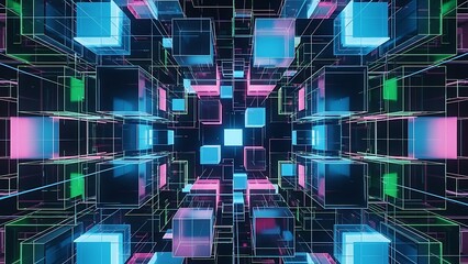 Title: Abstract digital with glowing cubes and geometric shapes in vibrant colors forming a