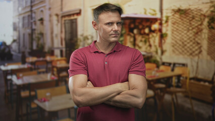 Obraz premium Man with arms crossed showing forearms, wearing a red polo, standing in a street cafe near tables and a storefront; confidence calm resolve.
