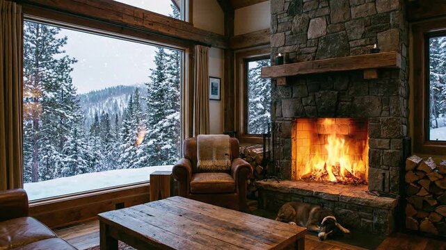 A fireplace burns bright in a rustic room with snow falling outside the window. Looped footage for background.