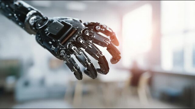 Futuristic bionic arm with metallic fingers moving on a blurred background