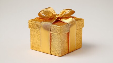 Obraz premium Golden gift box with ribbon on a plain background, decorated for celebration themes like Christmas, birthdays, or anniversaries