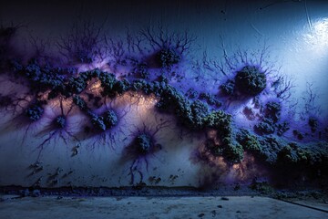 A surreal and organic abstract scene featuring colony-like growth on a textured wall, bathed in ethereal, bioluminescent purple and blue light.