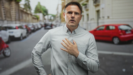 Man clutching chest for heartattack on street amid parked cars and buildings, wearing buttondown...
