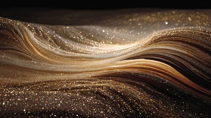 Ultra wide angle birds eye view elegant gold flowing waves and sparkles on dark background