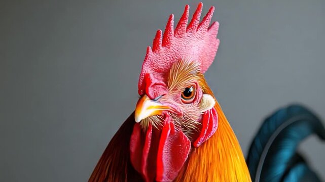 Video Close-up shot of a rooster's head on a gray background
