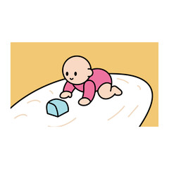 Cute baby crawling on a white surface reaching for a light blue toy block with a yellow background behind