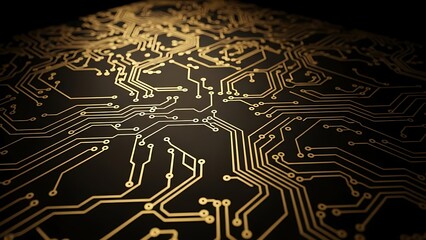 Title: A close-up view of a golden circuit board with intricate electronic pathways and connections