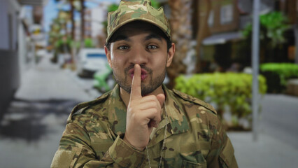 Young soldier in camouflage uniform touches lips with finger for silence on street corner; discipline.