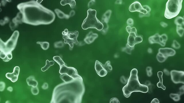 Microscopic view of amoebalike organisms floating in a green liquid environment.