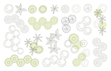 Top view trees for architectural plans and landscape design. Minimal vector illustration for urban planning, site plans, and architectural entourage.