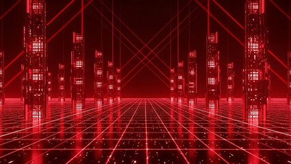 Title: A futuristic digital tunnel with glowing blue and orange light trails converging towards a