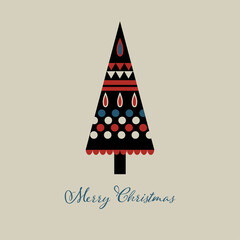 Stylized black Christmas tree decorated with geometric folk art motifs on black background Festive christmas greeting card Traditional festive symbol of the winter holiday Vector