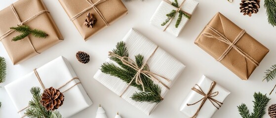 Christmas gifts wrapped in brown and white paper with twine, pine branches, and pinecones arranged on a light surface during the holiday season