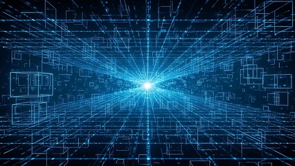 Title: A glowing blue digital grid with a central bright light and radiating lines creating a