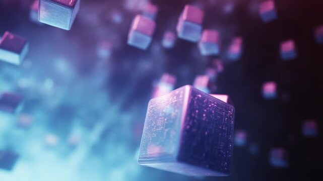 Glowing digital cubes floating in abstract technology space