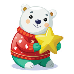 Adorable cartoon polar bear wearing a sweater and holding a yellow star