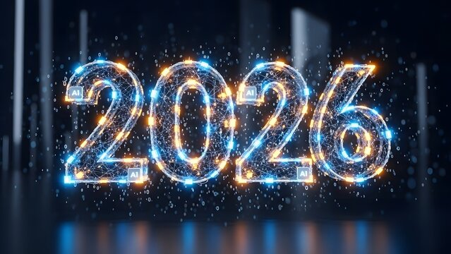 Glowing digital year 2026 numbers constructed from a futuristic blue and orange network mesh symbolize artificial intelligence advancement and technological progress. - Powered by Adobe