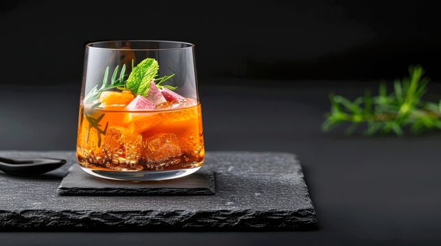 A modern, conceptual shot of a spherical cocktail, created using molecular gastronomy