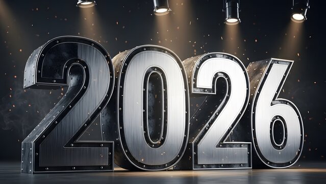Imposing three dimensional metallic numbers representing the year 2026 illuminated by dramatic stage spotlights with falling embers creating excitement - Powered by Adobe