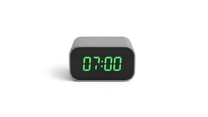 Modern digital alarm clock displaying 07:00 in bright green LED numbers on a white background digital clock