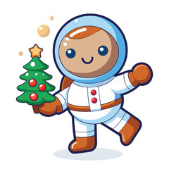 Cute astronaut character happily holding a decorated christmas tree with bubbles