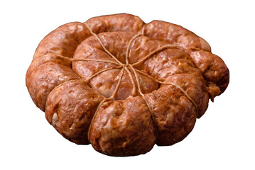 Grilled sausage in the shape of a spiral or snail, from chicken or pork. Spiral or snail sausage