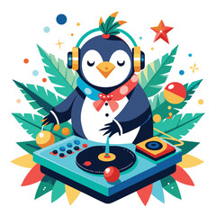 A festive penguin dj mixes music surrounded by holiday decorations