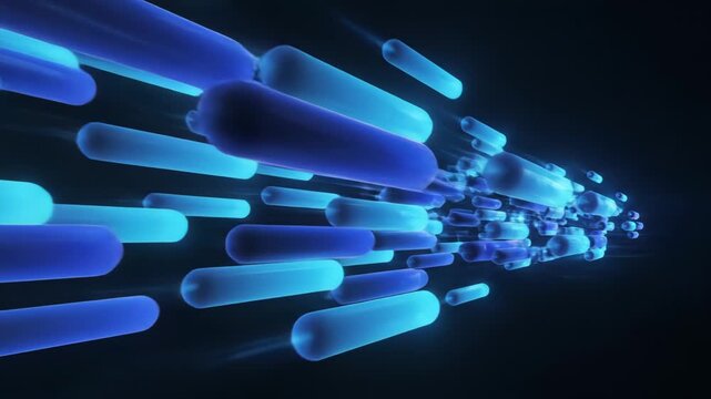 Abstract glowing blue and cyan capsule shapes moving rapidly through dark digital space creating motion blur