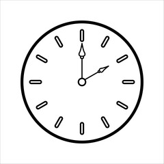 Round analog wall clock with hour and minute hands, modern outline silhouette icon, vector illustration, set in flat design style.