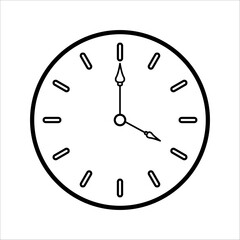 Round analog wall clock with hour and minute hands, modern outline silhouette icon, vector illustration, set in flat design style.