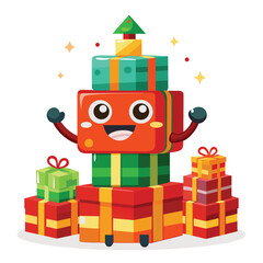 A cheerful stack of gift boxes with a smiling face and festive decor
