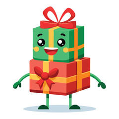 A cheerful stack of gift boxes with a red bow and happy face