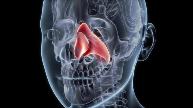 4K medical animation of human nasal cavity anatomy: transparent skull revealing septum, turbinates, and paranasal sinuses in smooth rotating 3D view
