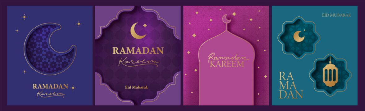 Islamic, oriental style frame, silhouette. Geometric arab frame set. Ramadan kareem backgrounds. Mosque, moon, stars, ornaments, patterns in paper cut style. Bright colorful vector design