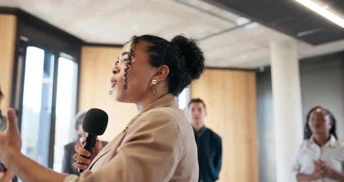Business, inspiration and microphone with motivational speaker woman in office as life coach. Advice, audience and speech with person in workplace for employee development, pep talk or support