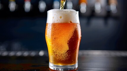 A dynamic, macro shot capturing the perfect pour of a craft IPA into a frosty pint glass