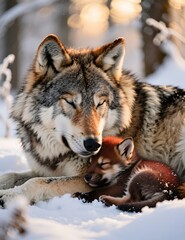 Obraz premium Wolf protects fox cub in winter landscape