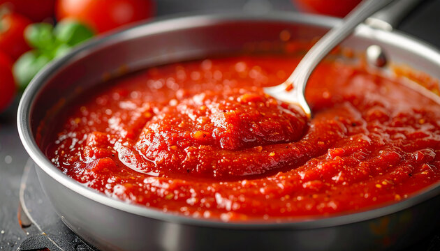Tomato sauce in metal pan with spoon, rich and glossy texture, tasty, spicy and appetizing.