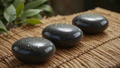 Massage stones shimmering on a bamboo mat for relaxation and therapy