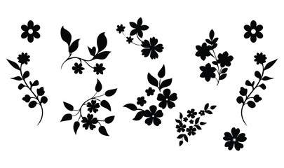 Set of black floral silhouette elements for design and decoration