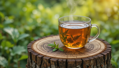 Herbal tea steaming in a glass cup on a tree stump in nature