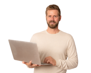Young smiling casual man holding a laptop computer looking to camera over transparent background. PNG transparent.
