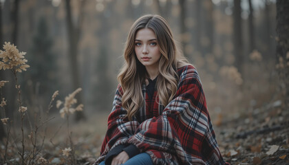 Woman wrapped in a plaid blanket, sitting in a serene forest setting