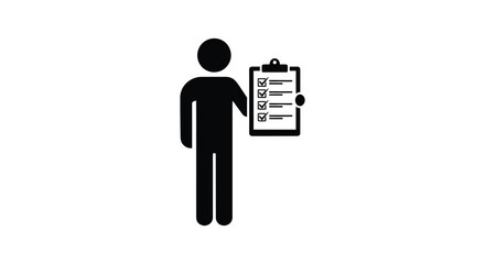 A simple black silhouette of a person holding a clipboard with checklist items isolated on white background silhouette